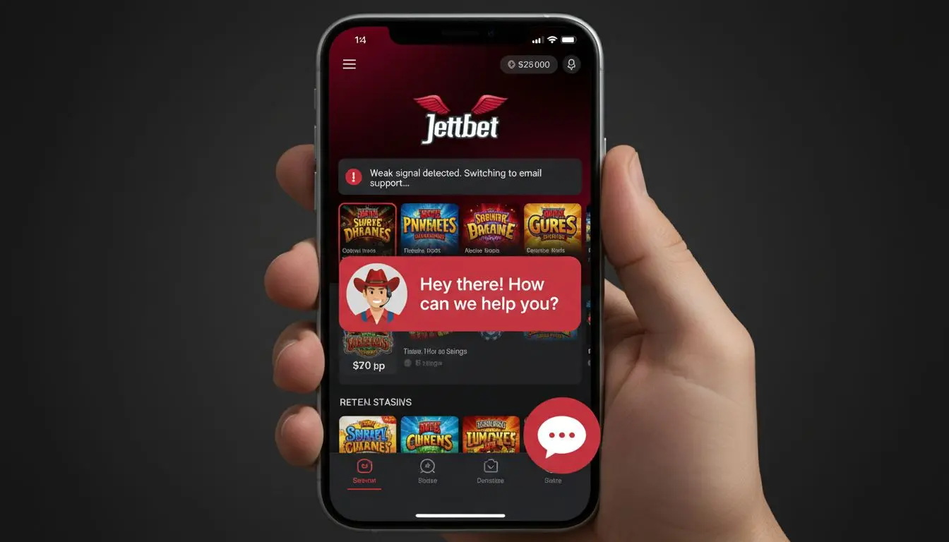 Smartphone with chat widget visible, low signal icon